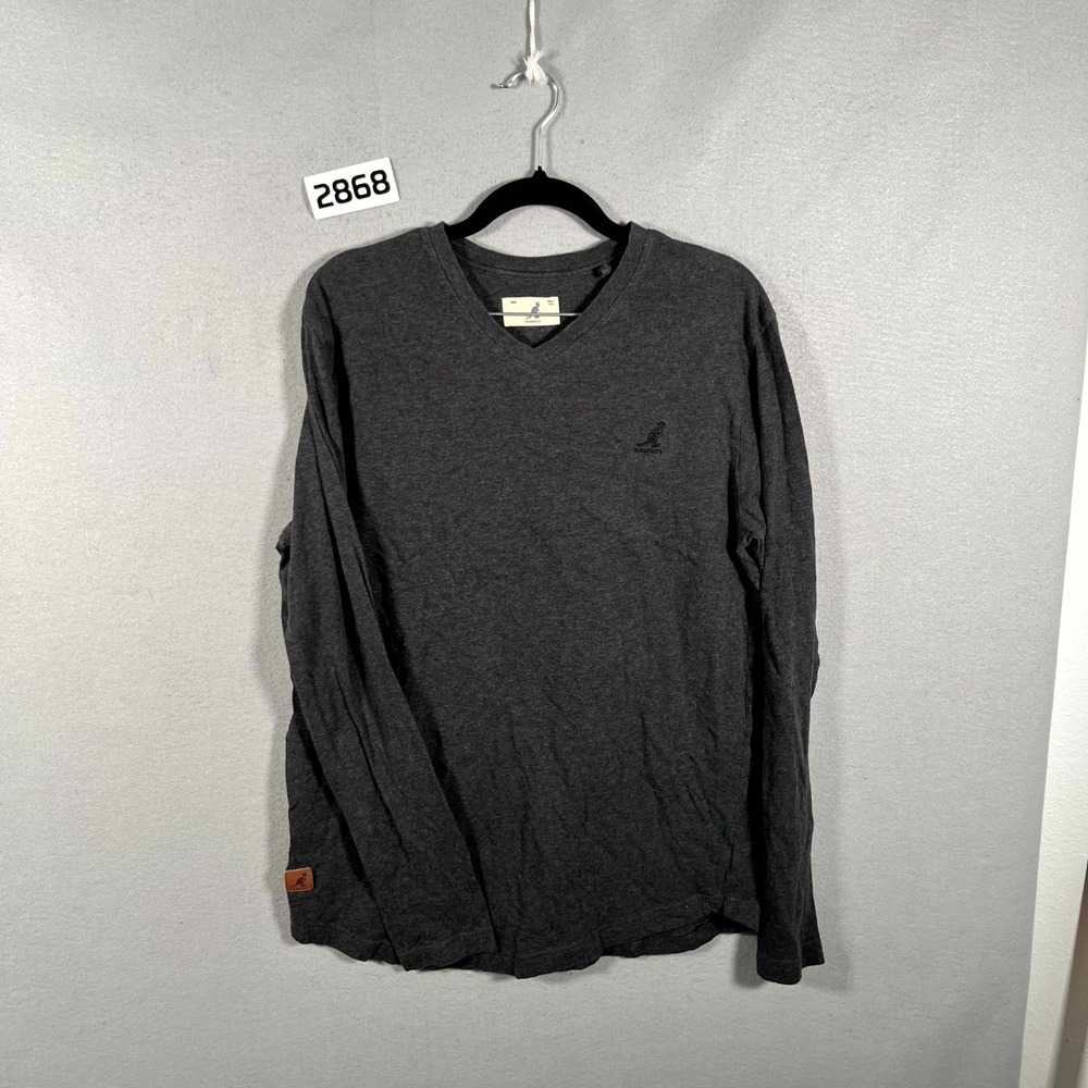Kangol Shirt Mens Medium Gray V Neck Cotton Wordmark Logo Long Sleeve Pullover